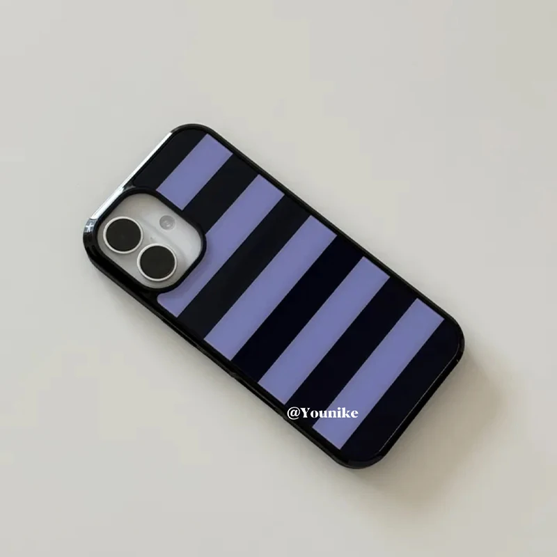 Korean Ins Purple and Black Stripes Phone Case For iPhone 17 Air 16 Pro Max 15 14 Plus 13 12 11 Shockproof Silicone Back Cover