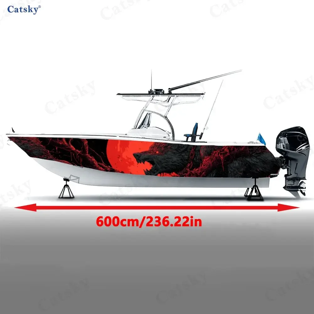 2Pcs Red Moon Thorned Wolf Boat Stickers, PVC Waterproof Durable Vinyl Wrap Decals for Fishing Boats, Durable and Stylish Design