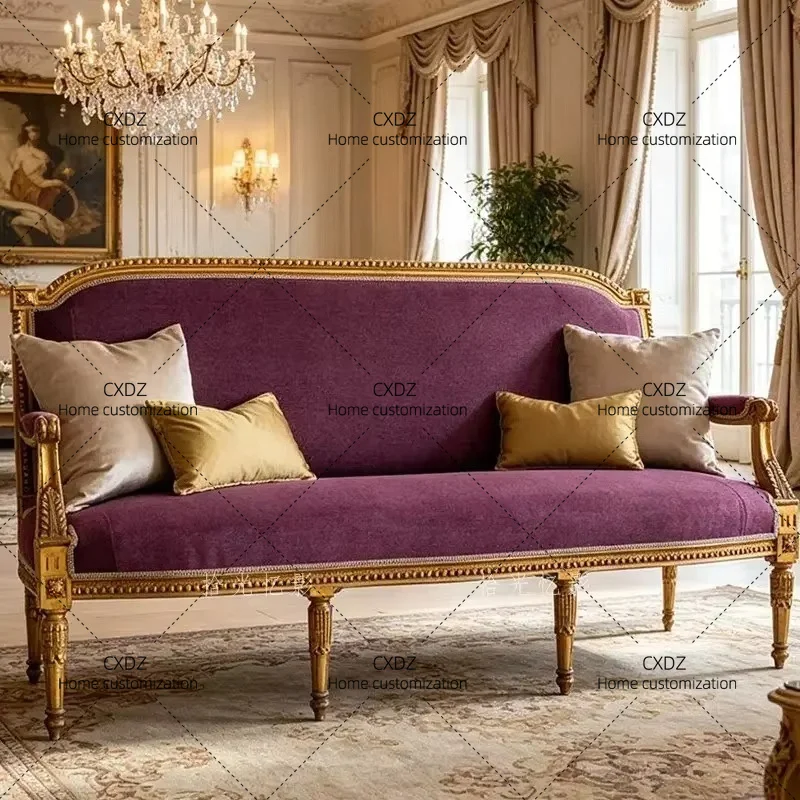 XX retro solid wood carving flower casual single sofa, gold old multi-person sofa, back chair