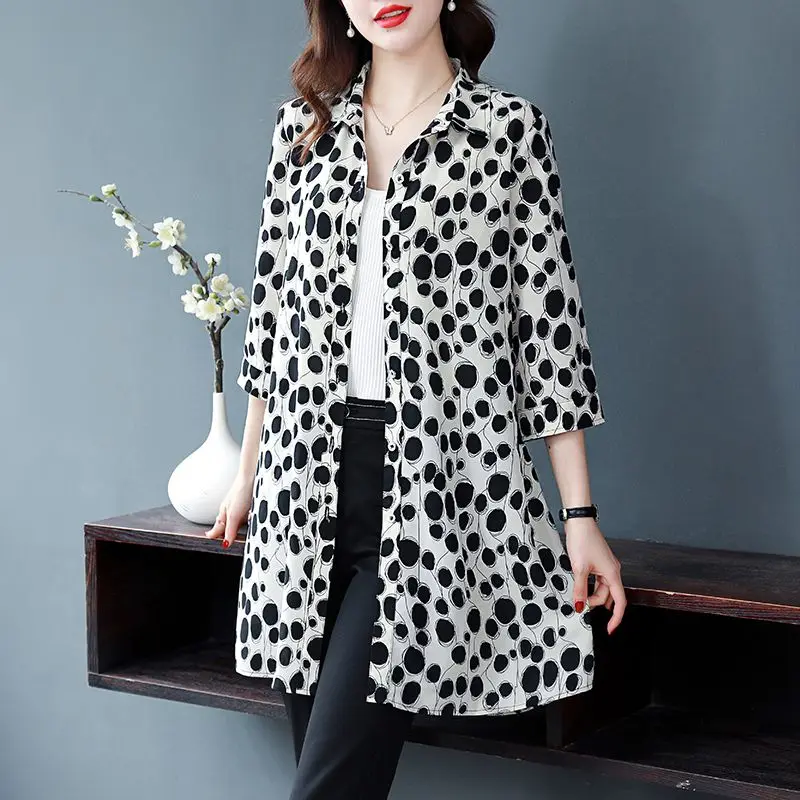 Female Loose Fashion Polka Dot Printed Chiffon Shirt Summer Women\'s Clothing Casual All-match Single-breasted 3/4 Sleeve Blouse