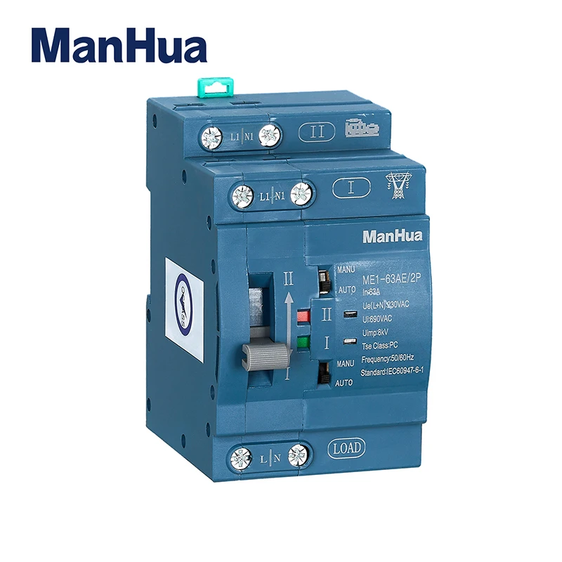 ManHua Dual Power 63A 230VAC  Automatic Transfer Switch ME1-63AE 2P PC Type DIN-Rail Mounting Blue Housing