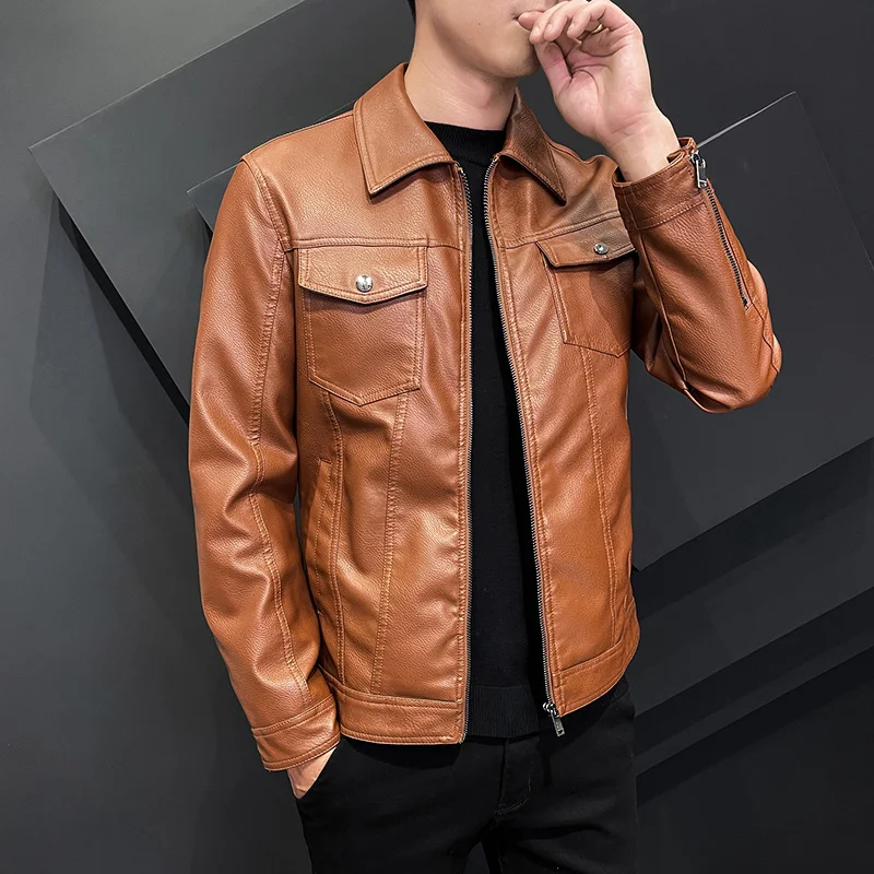 

2023 New Casual Motorcycle Windbreaker Zip Lapel Collar Faux Leather Jacket Men Slim High Quality Fashion Men's Coat Streetwear