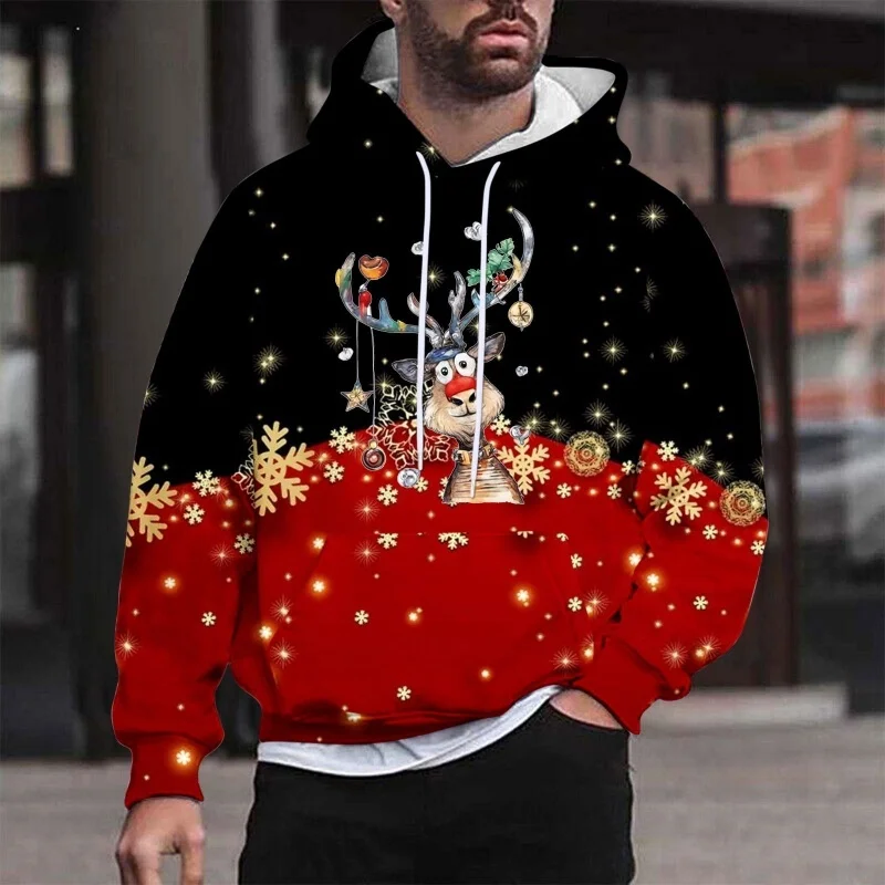 Christmas Deer Snow Pattern Hoodie For Men Women Stripes 3D Printed Pullovers Casual Hoodies Tops Loose Long Sleeves Sweatshirt
