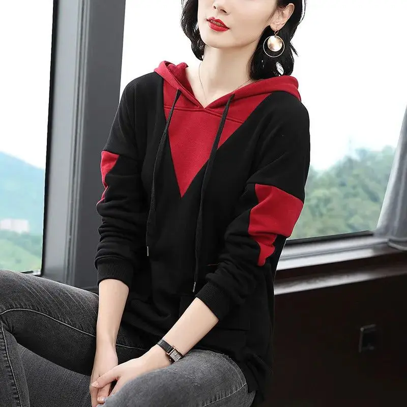 Spring and Autumn Women\'s Pullover Hooded Panel Pocket Loose Fit Medium Long Sleeve Sweater Fashion Elegant Commuter Casual Tops