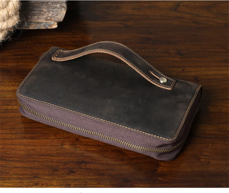 Retro Organizer ของแท้หนังผู้ชายกระเป๋าคลัทช์คุณภาพสูง Crazy Horse cowhide โทรศัพท์ Multi-Card Slot กระเป๋าใส่บัตร