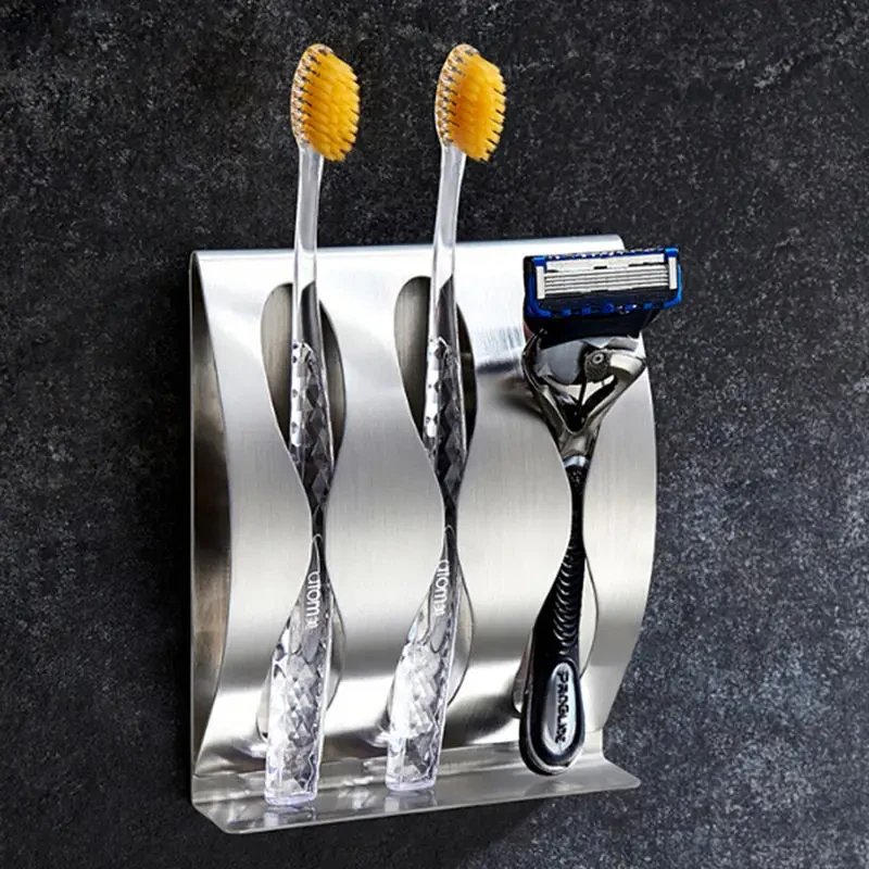 Stainless Steel Wall Mount Toothbrush Holder 3/2 Hook Self-Adhesive Tooth Brush Organizer Box Bathroom Accessories