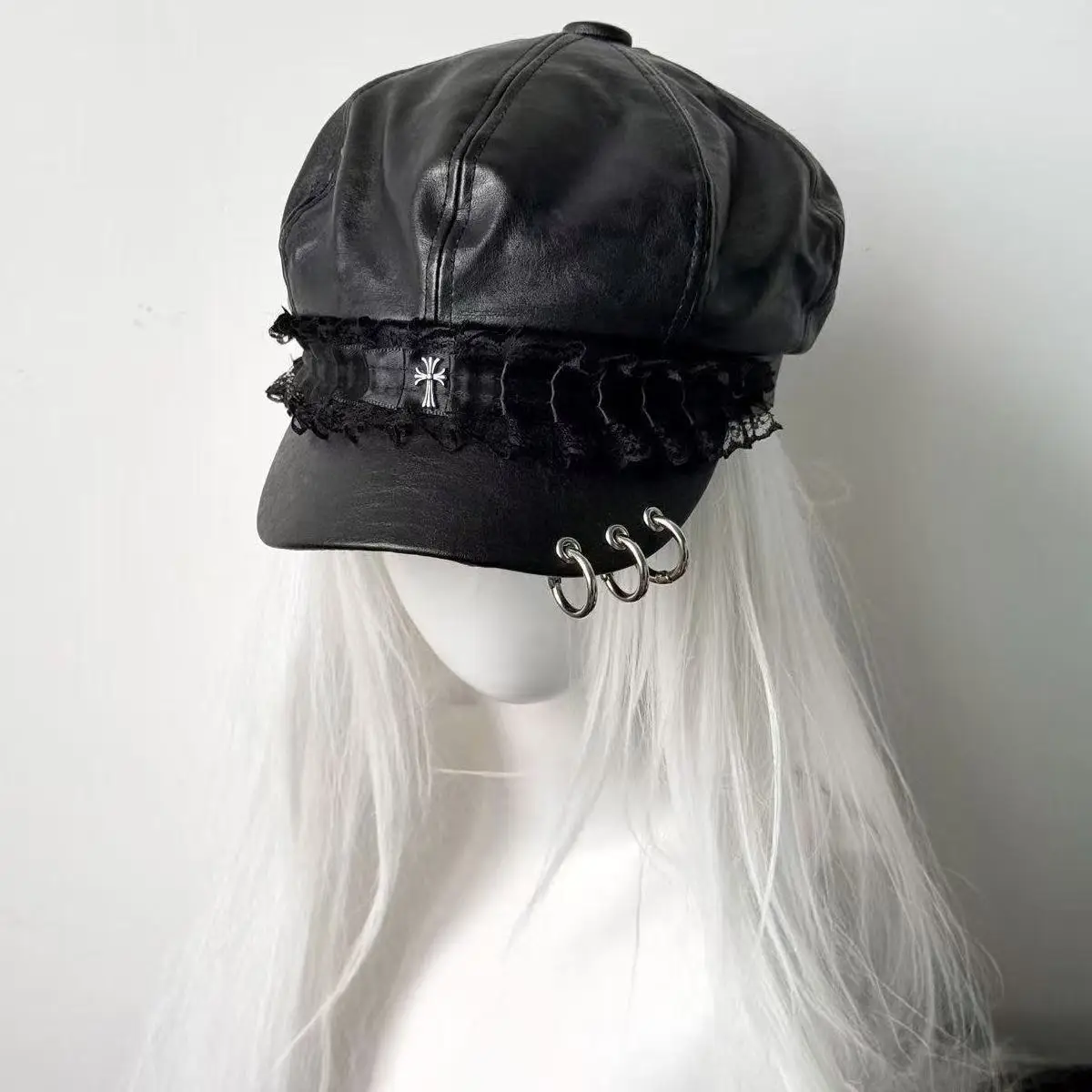 Women's Trendy Beret Black Pu Leather Flat Top Hat Sweet Cool Dark Subculture Octagonal Punk  Painter Captain Military Caps