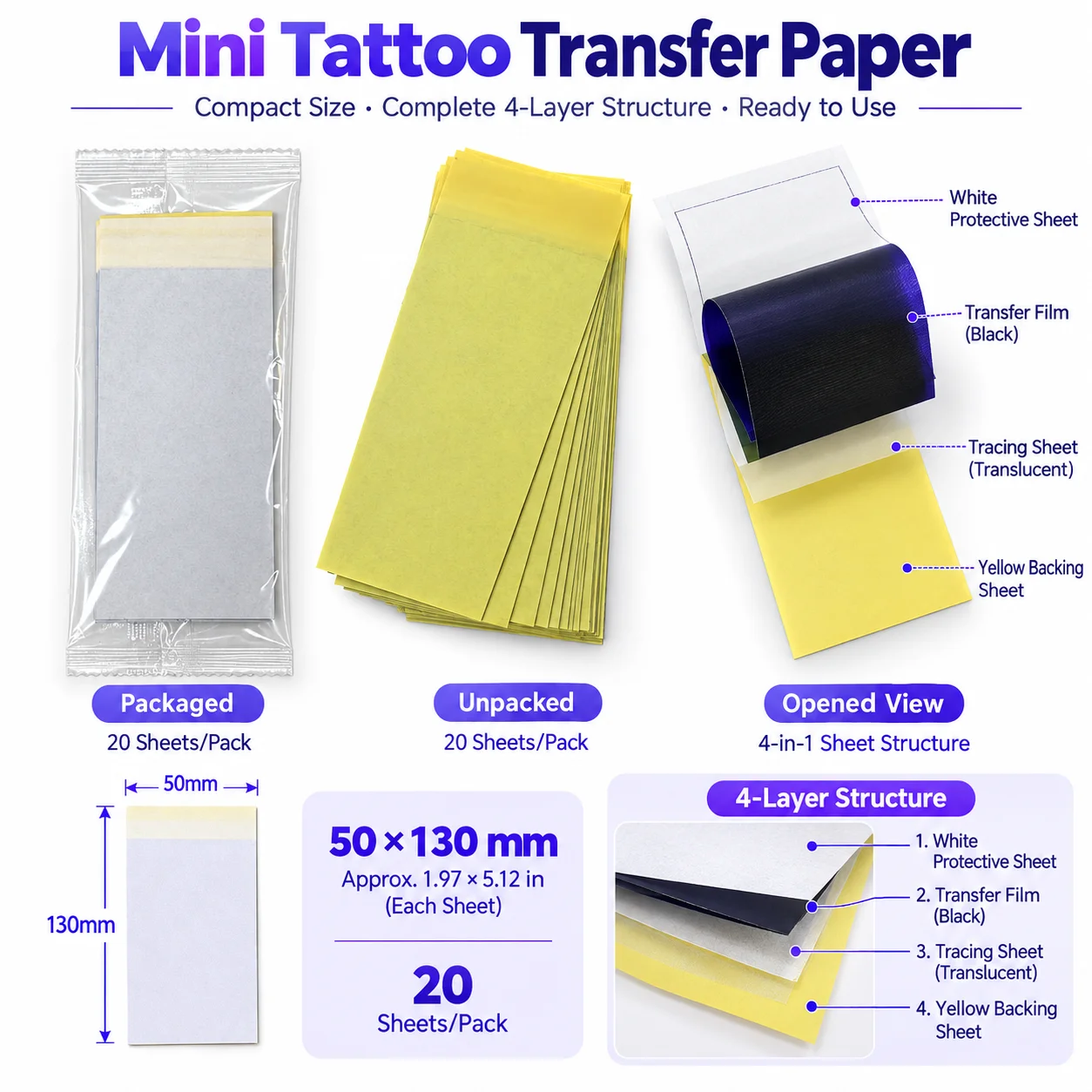 Thermal Tattoo Stencil Paper 50x130mm Butterfly Designs Clear Protective Bag 20/60/100 Sheets Compatible with 2 Inch Mini Printe