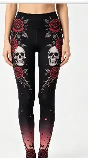 Women Mid‑Rise Fleece Lined Leggings, Halloween Skull Red Rose Thorn Ethnic Geometric Hem Print Slim Stretch Party Pants