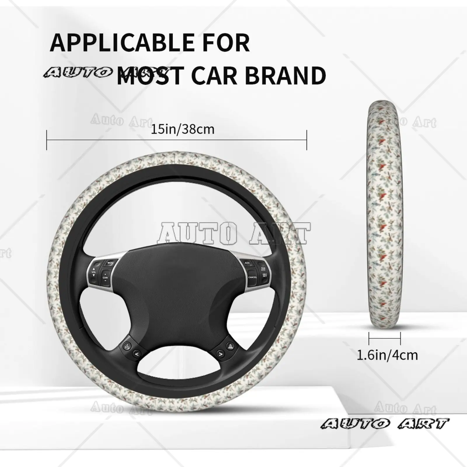 Sparrow Print Pattern Steering Wheel Cover Automotive Parts Universal 15 Inch Chloroprene Rubber Elastic Anti Slip