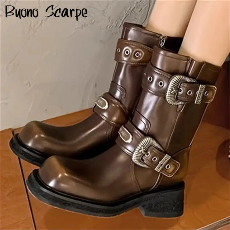 

Luxury Designer Women Ankle Boots Fashion Chunky Heel Platform Belt Buckle Square Toe Knight Botas Casual Motorcycle Boots New