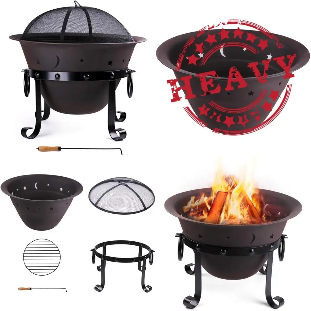 

Cast Iron Fire Pits, Outdoor Round Wood Burning Fire Pit Bowl with Mesh Screen,Fireplace Poker,29 inch cast Iron Black