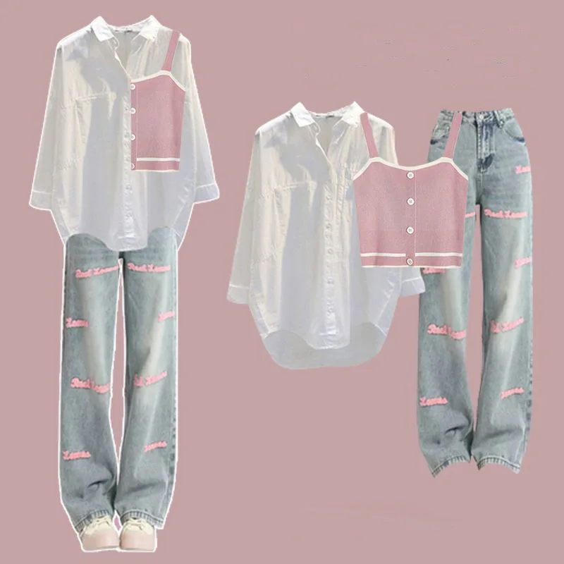 Spliced Suspender Vest Sunscreen Chiffon Shirt Blouse Jeans Three Piece Set of Elegant Women's Pants Casual Outfits Clothing Age