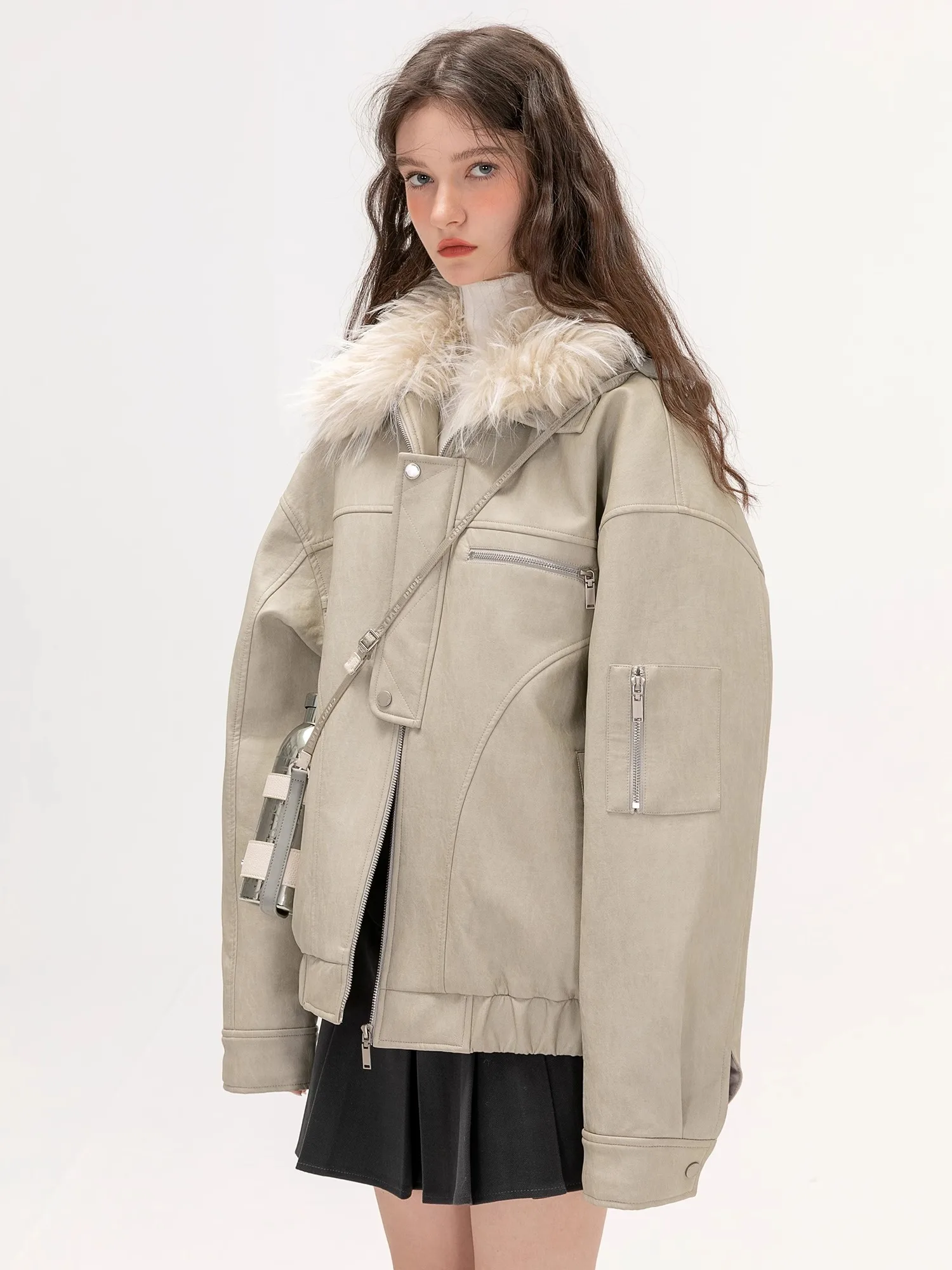 

Кожаная куртка CHOR из утолщенной кожи, однотонная, в корейском стиле, повседневная, с меховым воротником, универсальная, молодежная, модная