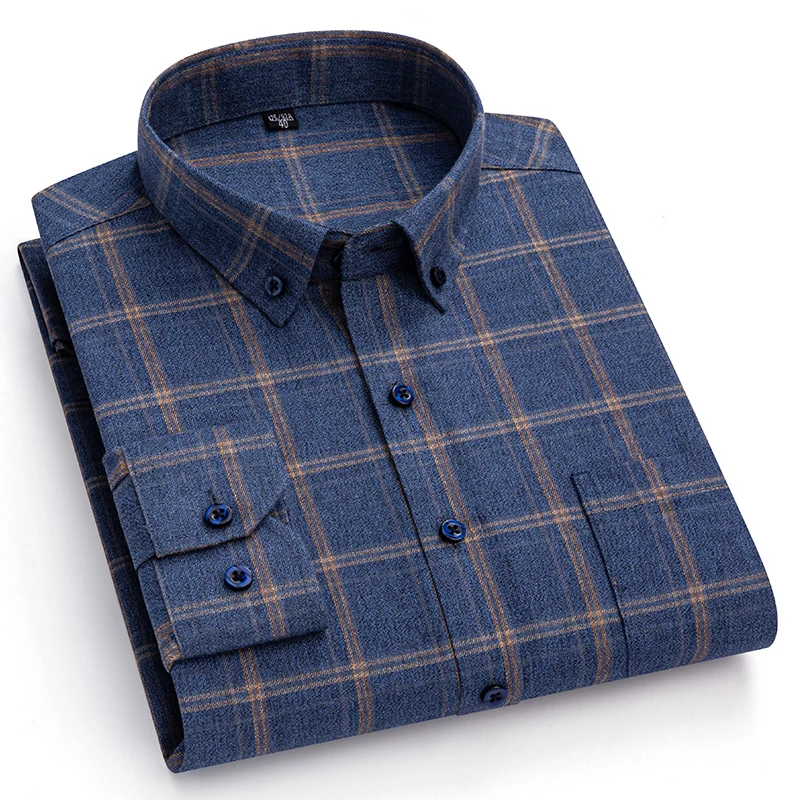Men Dress Shirt Cotton Flannel Striped Autumn Winter Warm Clothing Long Sleeve Regular  Fit Smart Casual Business Shirts for Men
