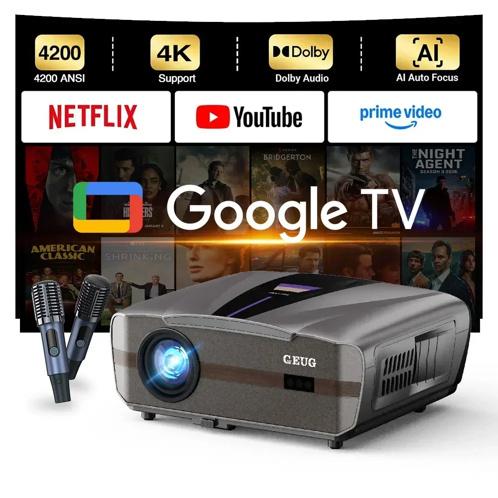 New 4K Projector Ultra HD Smart 2*Mic Netflix Google TV 4200 ANSI Lumens WiFi 6 NFC Auto Focus Home Theater Bedroom Family Movie