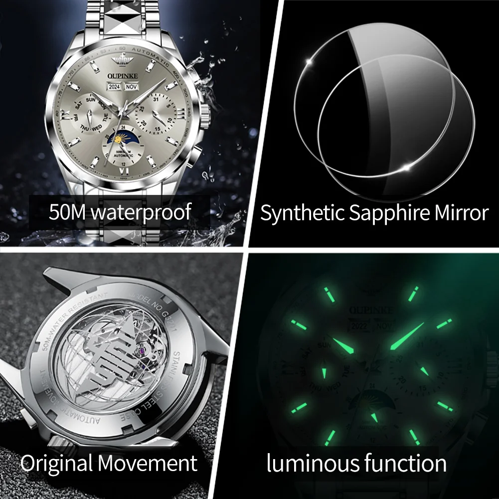 OUPINKE 3201 Watch For Men Moon Phase Mechanical Man Watch Waterproof Date Male Automatic Wristwatch Synthetic Sapphire Mirror