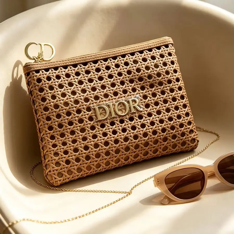 DIOR bag Womens Rattan Weave Cosmetic Bag Portable High Quality Zipper Makeup Pouch Holiday Gift Storage Handbag With Metal Logo view 3