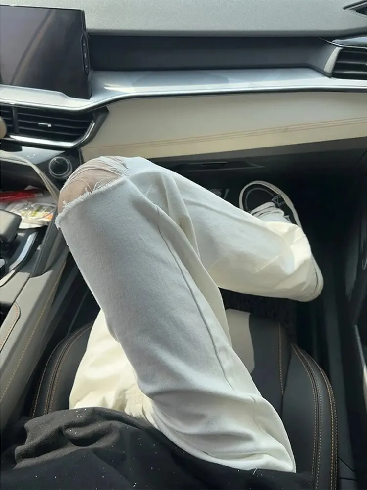 White Knee-High Slash Knife Jeans Men's Slimming Thin Design Sense Poor Straight Tube Micro Flare Long Trousers