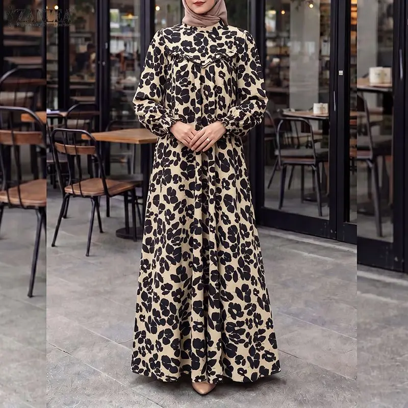

ZANZEA Women's Modest Fashion Floral Print Muslim Long Dress Long Sleeve Ruffled Trim Abaya Islamic Hijabs Stand Collar Robes