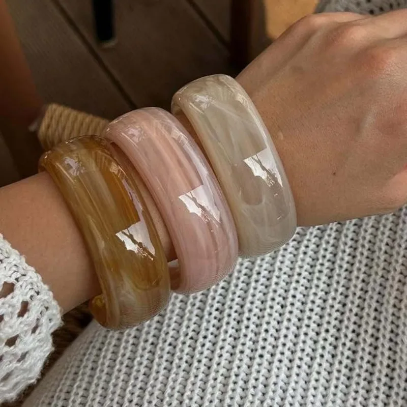 Thick Round Resin Acrylic Smudging Opening Bangles Geometric Irregular Wide Cuff Bracelets Women's Easy Match Pulseras Jewelry F