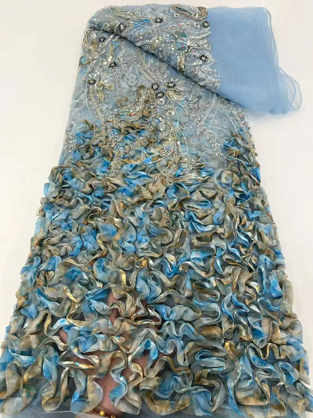 

African 3D Flowers Fabric 5 Yards 2025 High Quality Sequins Embroidered French Nigeria Beaded Net Lace Fabric For Wedding Party