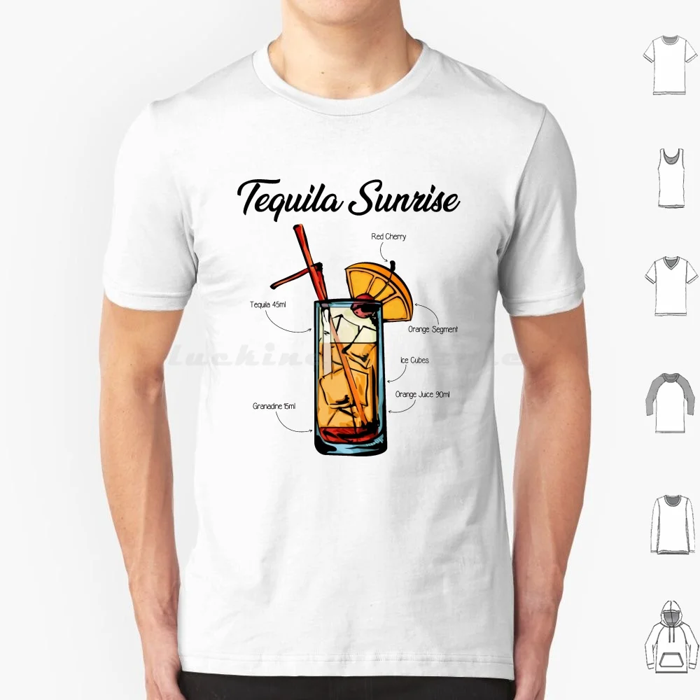 Camiseta de receta de Tequila Sunrise, camiseta fresca de algodón 6xl, cóctel de Tequila Sunrise, ingredientes de receta, segmento de naranja, jugo de Tequila