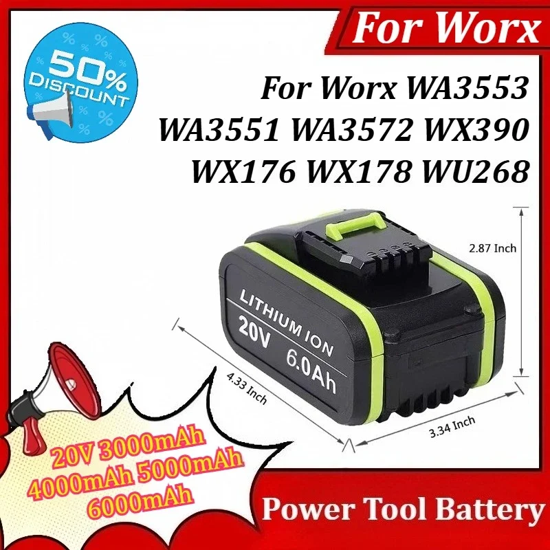 SWZY 20V 3000/4000/5000/6000mAh Power Tool Battery for Worx WA3553 WA3551 WA3572 WX390 WX176 WX178 WU268 Replacement Li-ion Batt