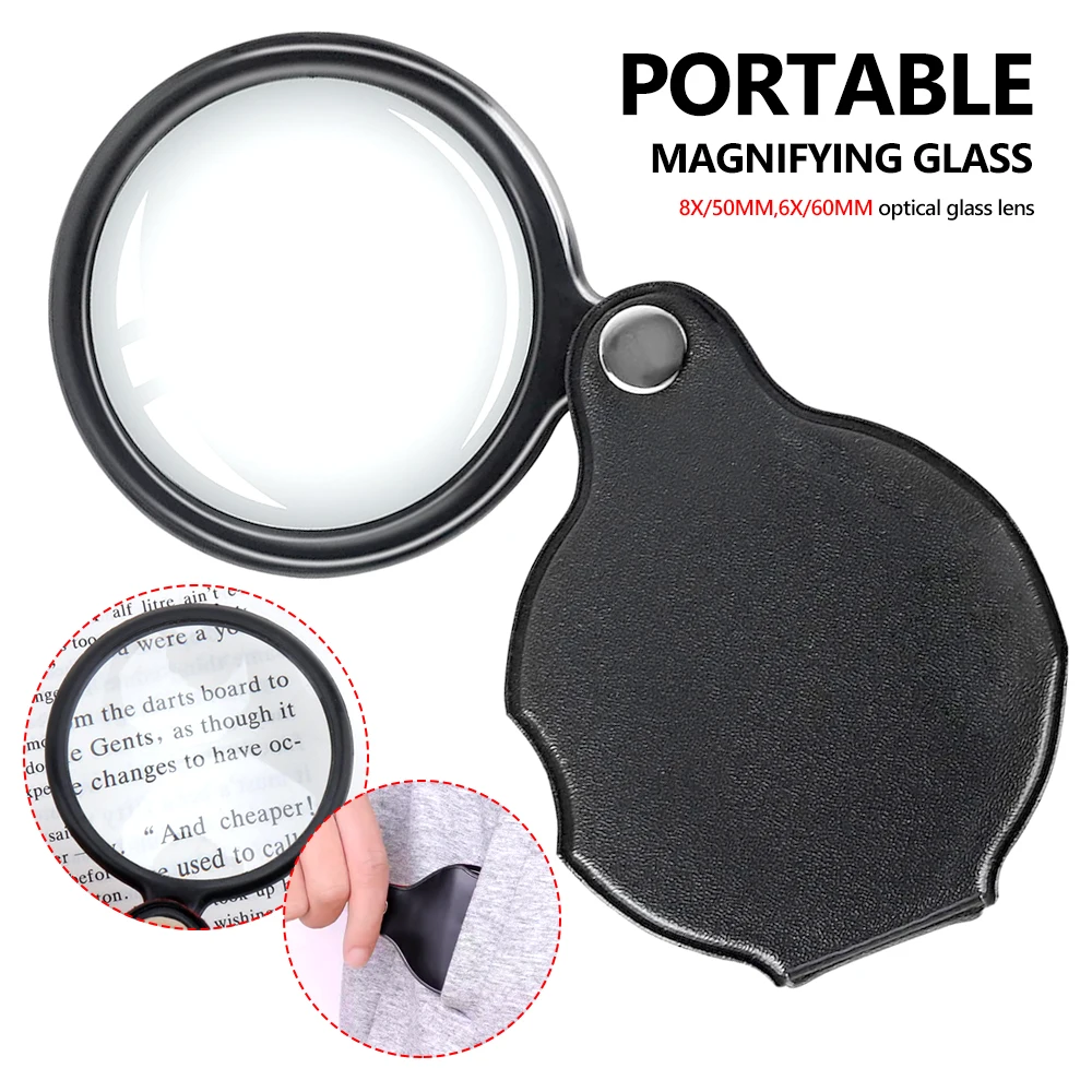 

50/60mm Mini Magnifying Glass 6/8X Folded Leather Case Portable Handheld Read Newspaper Jewelry Gift Single Glass Lens Magnifier