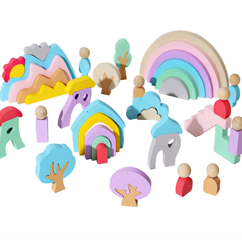 44pcs Rainbow Building Blocks Nordic ไม้ Stacker ของเล่นเด็ก Montessori ซ้อนเกมการรับรู้สีของเล่นเพื่อการศึกษาของขวัญ