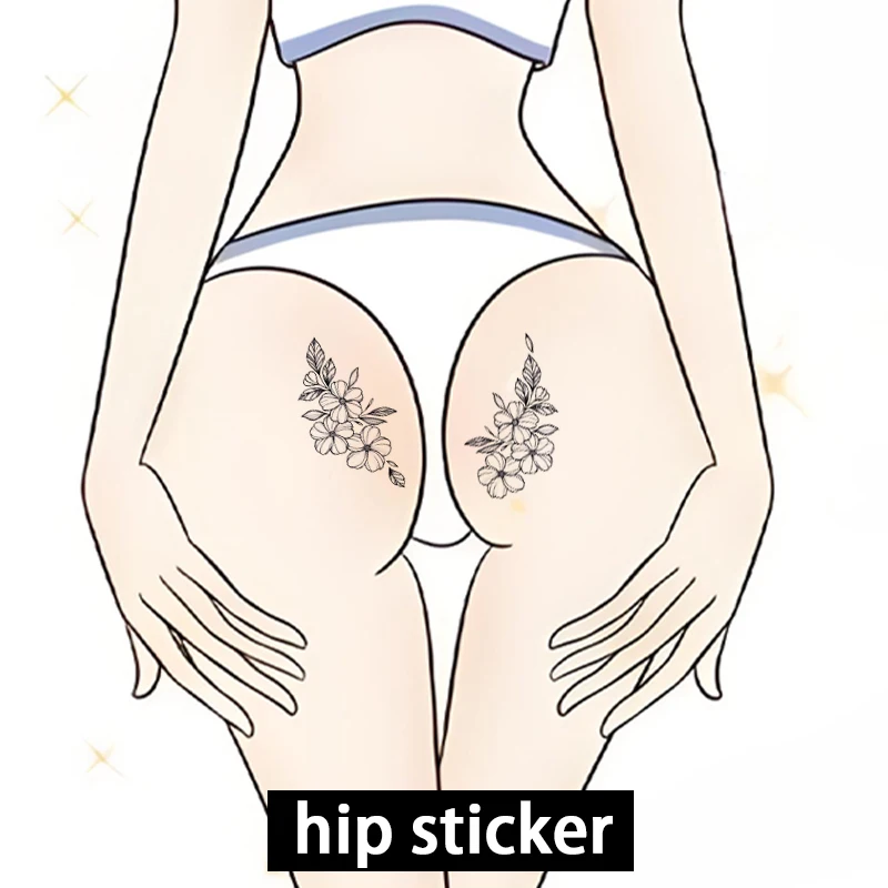 Realistic tattoo-colored flower and leaf pattern temporary stickers, sexy buttock and chrysanthemum designs, waterproof.