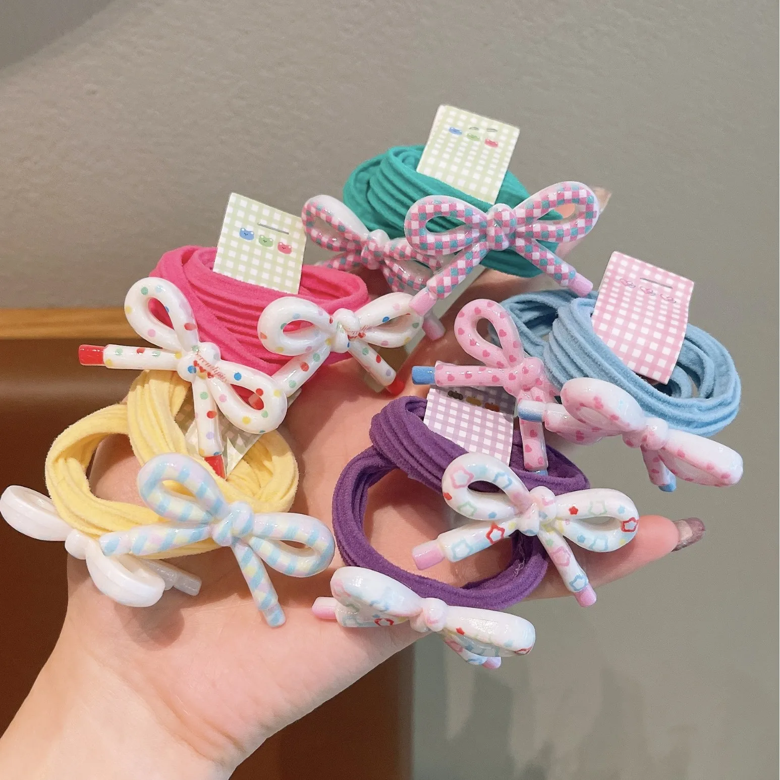 

2pc Children's Cream Candy Color Basic Printing Resin Bow Hair Bands Elastic Hair Tie Headband Girls Daily Accessories Hair Rope