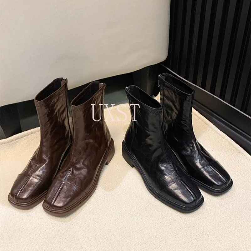 

Washed Leather Pleated Chelsea Inner Height Boots Retro Thick Heel Short Boots Women's Square Toe Fashionable Boot