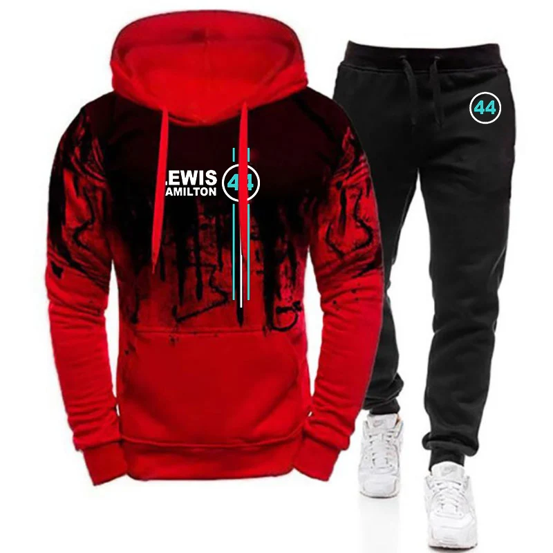 F1 Driver Lewis Hamilton Digital 44 Men Fashion Spring Autumn Gradient Color Hooded Hoodie + Print Sweatpant Sportwear Suit