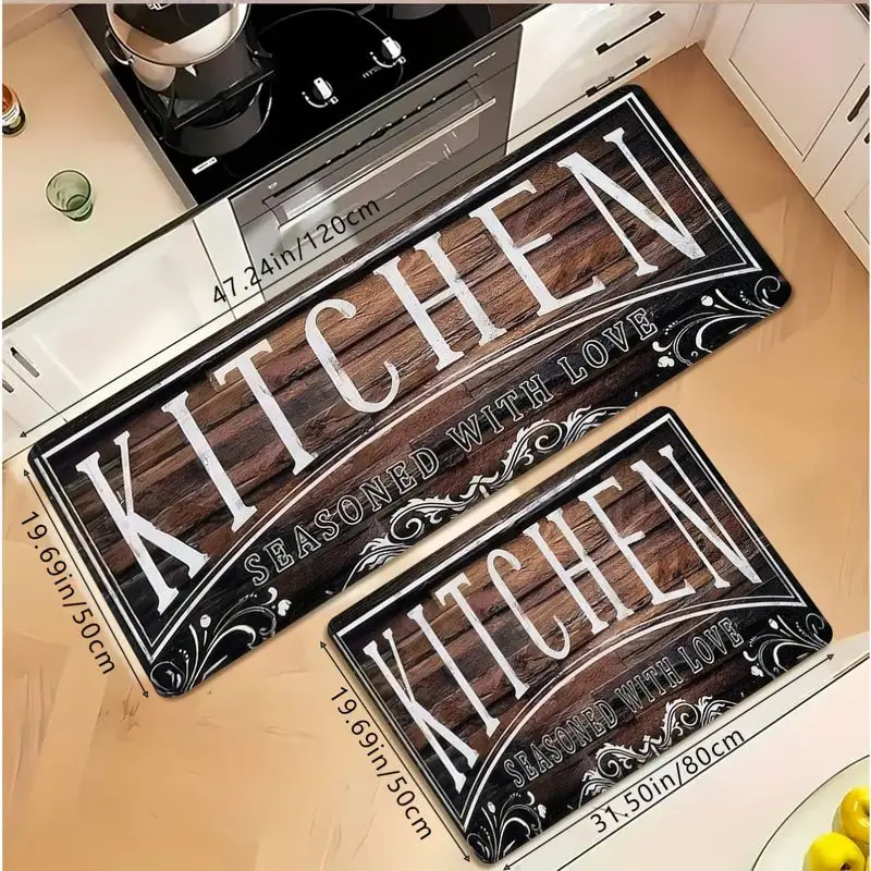 VIKAMA Rustic Wood-Grain Kitchen Mat, “Love in the Kitchen” Vintage Floral Bordered Non-Slip Mat, Laundry Room Home Decor