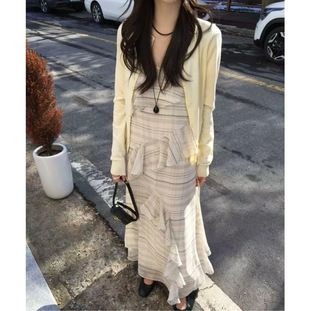 

Весенне-летнее клетчатое платье для женщин, винтажное, омолаживающее, с цветовыми блоками, на бретельках, длинная юбка, в корейском стиле, стандартный крой, средней мягкости