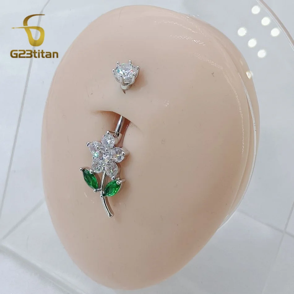 CZ Zircon Flower Belly Button Ring 14G Titanium Bar Anti Allergy Body Piercing Navel Jewelry Women Accessories Gold Silver Color