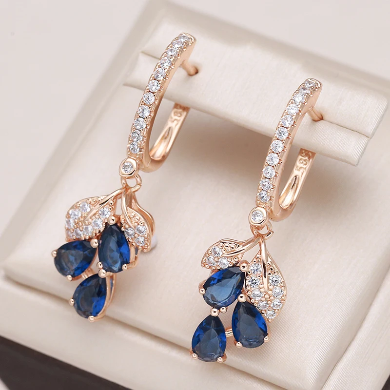 Kienl New 585 Rose Gold Color Long Earring for Women Vintage Blue Natural Zircon Flower Drop Earring High Quality Daily Jewelry