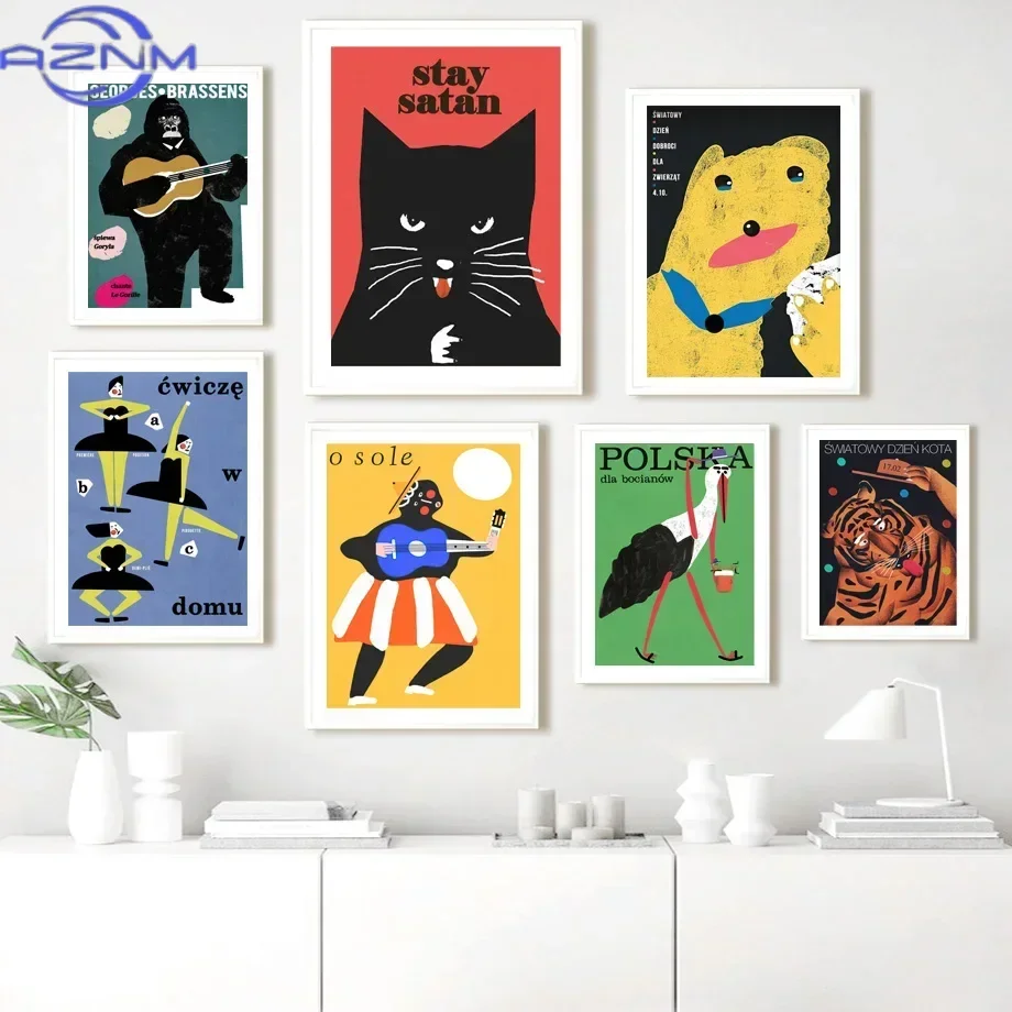 Black Cat Vintage Funny Polish Poster And Print Wall Art Canvas Painting Nordic Illustration Wall Pictures For Living Room De