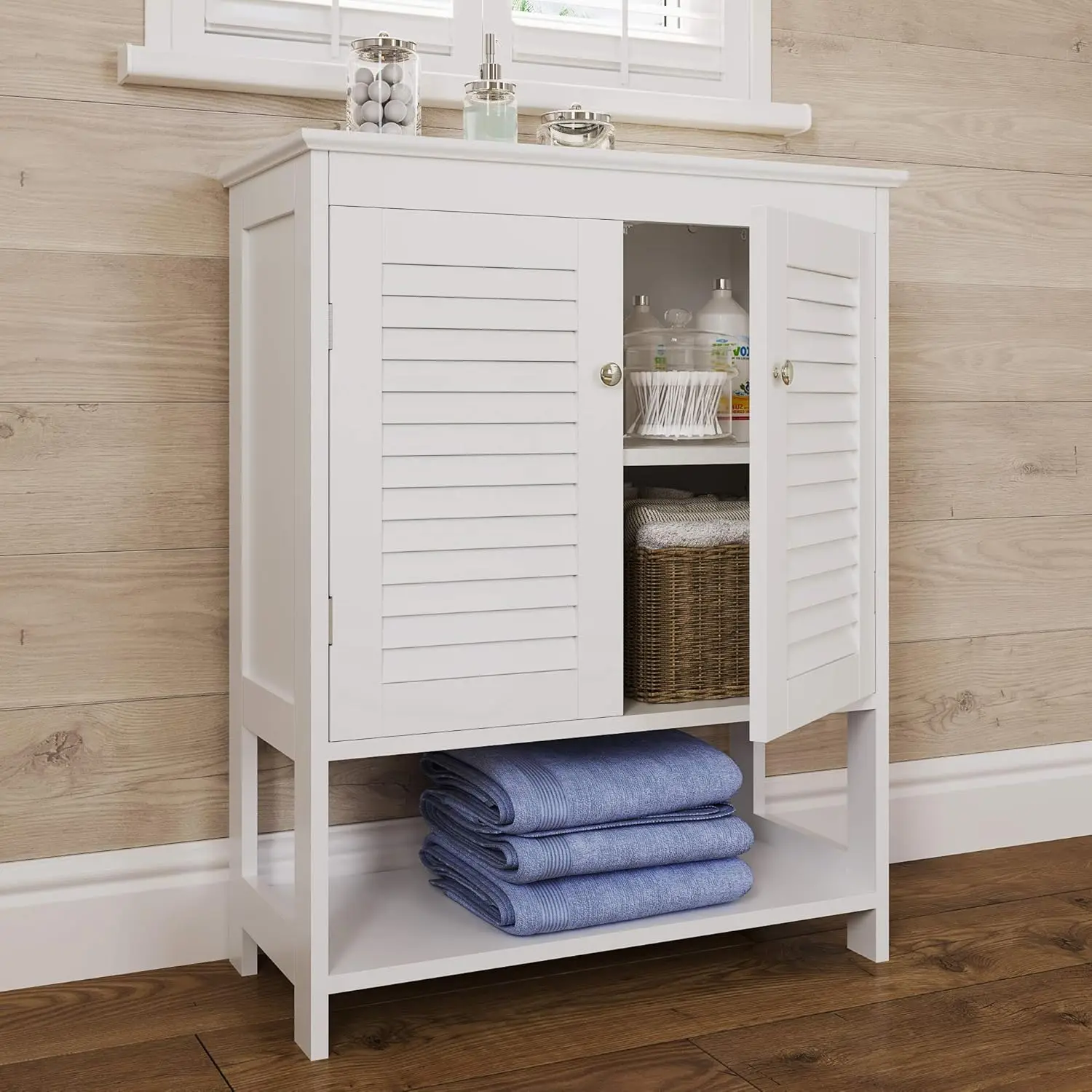 White Ellsworth Two-Door Floor Cabinet with Open Shelf, Size