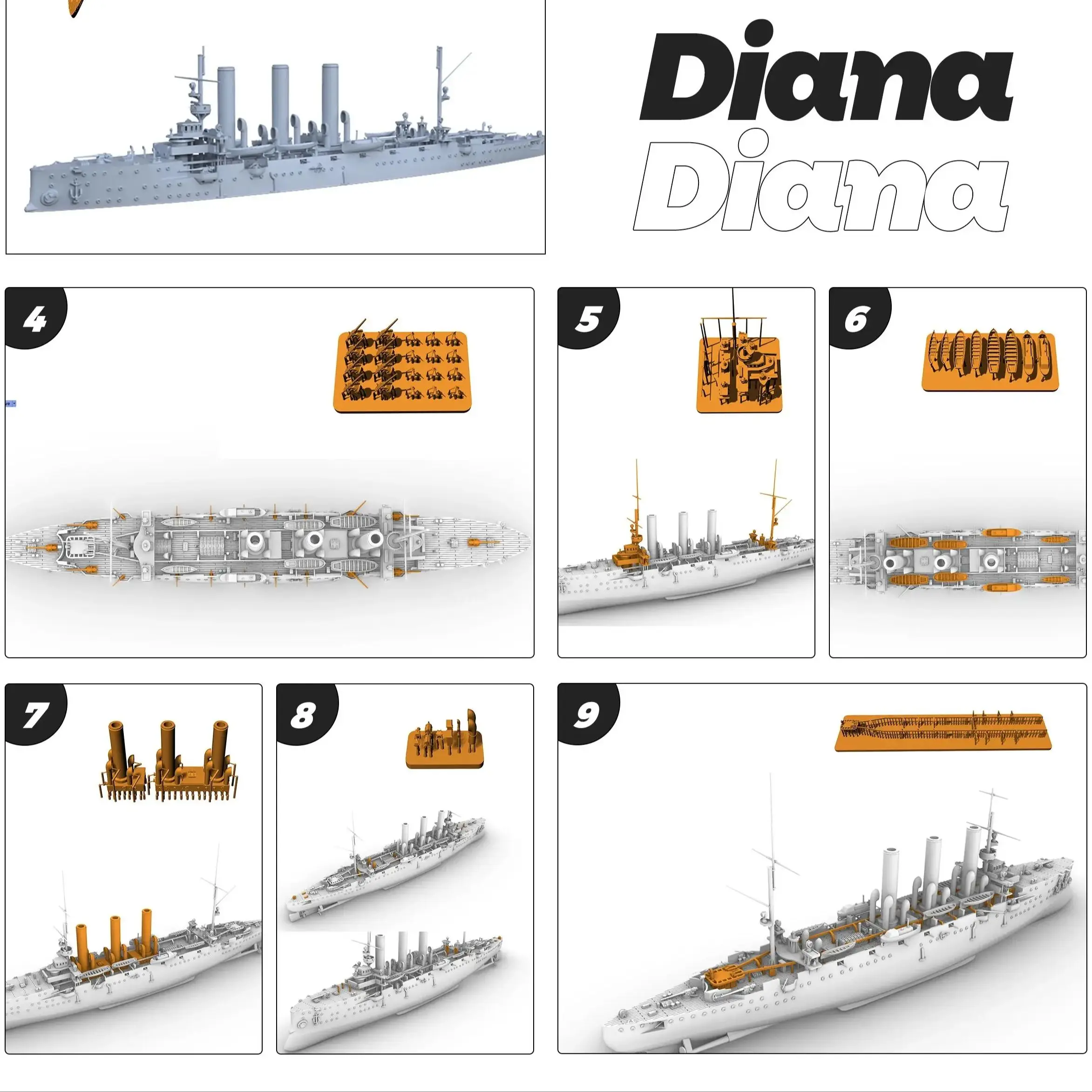 

SSMODEL SS507/S 1/700 1/350 1/200 Комплект военной модели Русская Диана Круизер