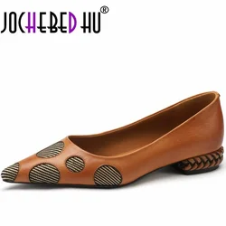 【JOCHEBED HU】Spring Autumn women pumps Genuine leather sheepskin upper pointed toe low heels women shoes Fashion retro 34-43