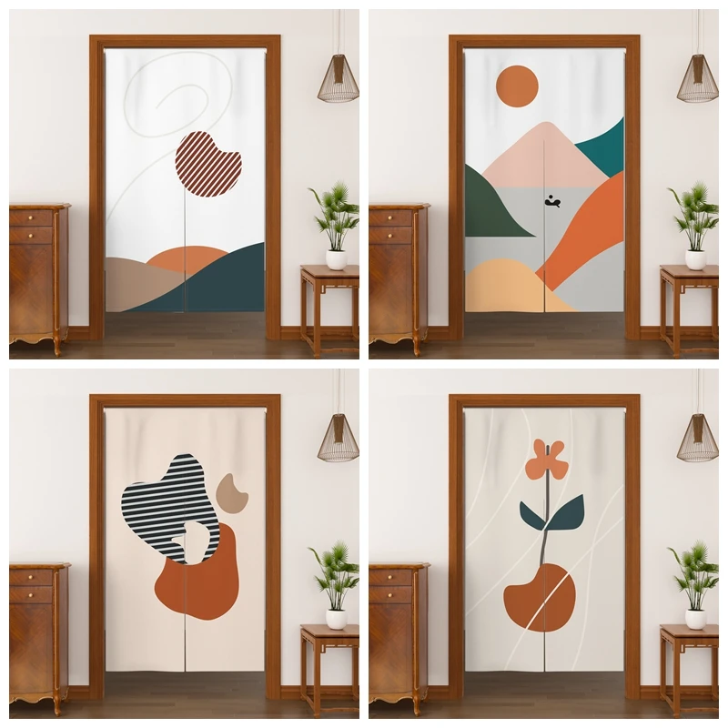 Modern Minimalist Noren Door Curtain Abstract Geometric Shape Flower Linen Doorway Curtain Home Decor Room Divider Half Curtains