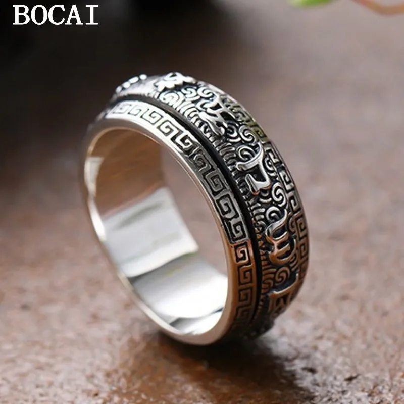 BOCAI New Real S925 Pure Silver Jewelry Retro Buddhism Six-Character Mantra Auspicious Cloud Good Luck Movement Ring for Man