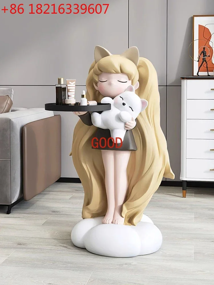 

TAO Home Decor Long Haired Girl Statue Floor Storage Rack Tray Storage Sculptures Girl Living Room Large Floor Decor Sofa Side T