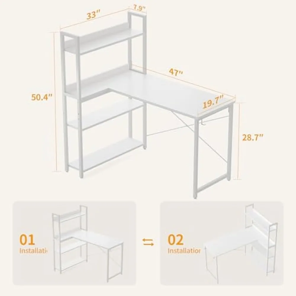 Bureau d'angle pour ordinateur avec étagères de rangement, bureau en forme de L, bibliothèque, bureau à domicile avec crochets, 47 po