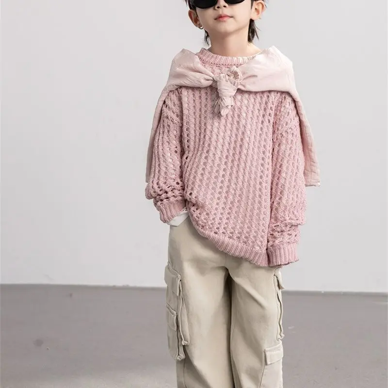 Boys Spring Autumn Sweater 2025 New Korean Fashionable Kids Solid Color Hollow Out Knitted Long Sleeve Pullover