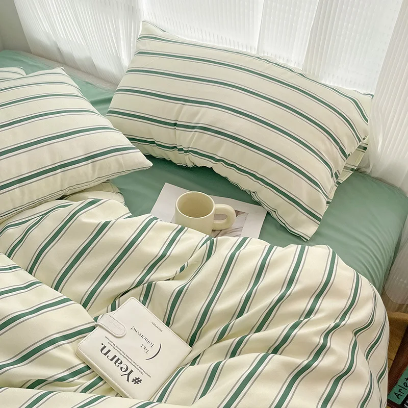 Bed Linen Bed Sheets Blogger Style Line Four-piece Set Girl Heart Fresh Green Bed Sheet Vertical Stripe Quilt Cover 1.5m1.8
