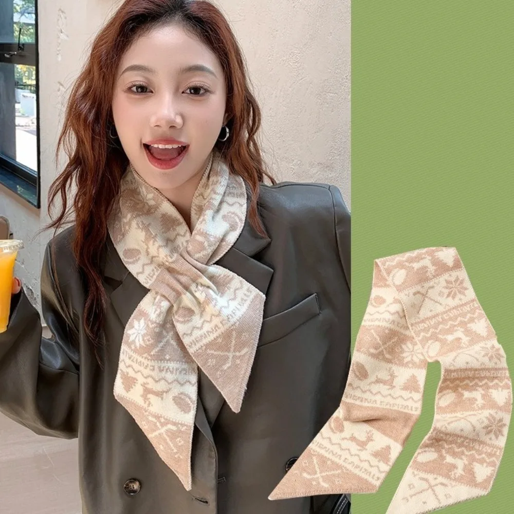 Cute Deer Winter Knitted Scarves Jacquard Korean Style Women Scarf Windproof Bow Tie Woolen Neckerchiefs New Year Gift