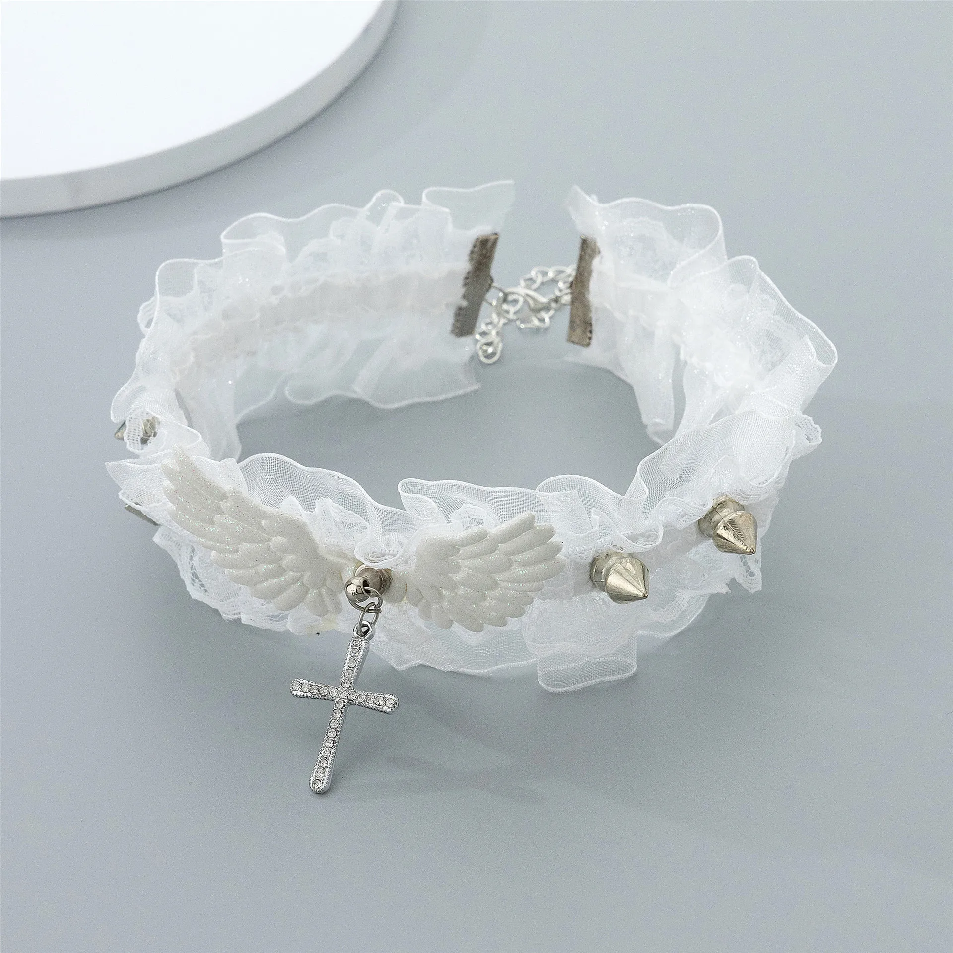 Sexy Black White Lace Lolita Choker Goth Crystal Cross Pendant Angel Wings Rivet Necklace for Women Charm Party Jewelry Gift